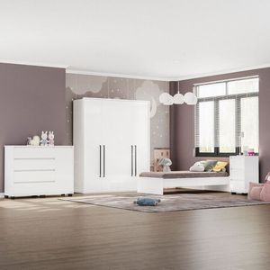 Guarda Roupa Sevilha 4 Portas Cômoda 4 Gavetas 1 Porta Mesa De Cabeceira 3 Gavetas Cama Infanto Juvenil Branco