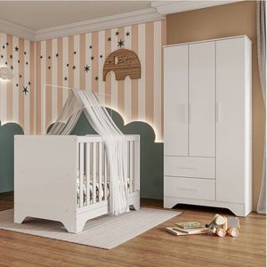 Quarto De Bebê Com Guarda Roupa e Berço Minicama 100% Mdf Liam Branco Brilho