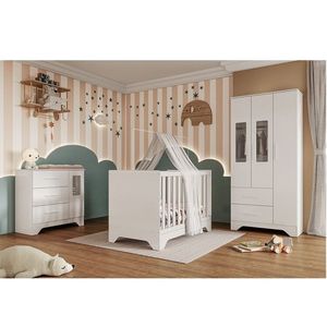 Quarto De Bebê Completo Guarda Roupa e Cômoda Com Janelas e Berço 100% Mdf Liam Branco Brilho