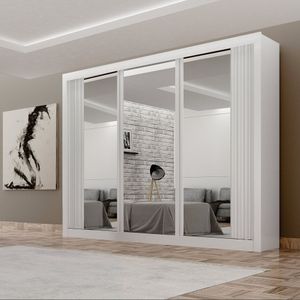 Guarda Roupa 3 Portas Milano Com Espelho Na Porta Central e Portas Ripadas Branco