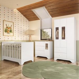 Quarto De Bebê Completo Guarda Roupa e Cômoda Com Janelas e Berço 100% Mdf Ravy Branco Brilho
