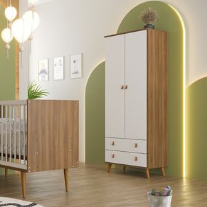 Guarda Roupa Infantil Com Prateleiras 2 Portas 2 Gavetas Encanto Nogal Manchester- Branco Brilhante