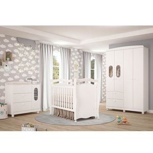 Quarto De Bebê Berço, Cômoda 4 Gavetas 1 Porta, Guarda Roupa 4 Pts 2 Gavetas Happy Branco