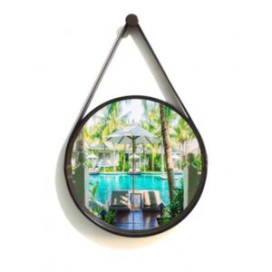 Espelho Redondo Decorativo Com Moldura Alça De Couro 50cm