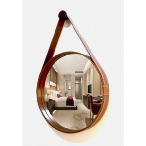 Espelho Redondo Decorativo Com Moldura Alça De Couro 50cm
