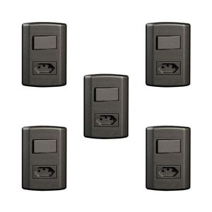 Conjunto De 5 Interruptores De 1 Tecla Simples E Tomada 2p+t 20a , Modular, Com Placa 4x2 E Suporte Preto