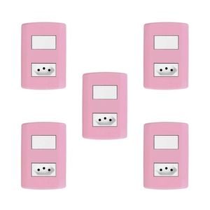 Conjunto De 5 Interruptores De 1 Tecla Simples E Tomada 2p+t 20a , Modular, Com Placa 4x2 E Suporte Rosa E Branco