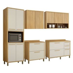 Conjunto Cozinha Completo Com Armário Paneleiro 4 Portas Com Nicho 2 Armários Aéreo E 2 Balcões Cinamomo-off White