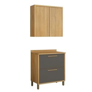 Conjunto De Armário Aéreo Para Cozinha 80cm 2 Portas Ripado E Balcão 2 Portas 80cm Torino Cinamomo-grafite