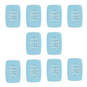 Conjunto De 10 Interruptores De 3 Teclas Simples Com Placa 4x2 Azul
