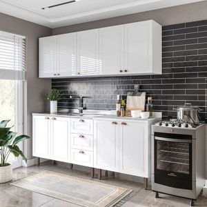Cozinha Pérola Com Rodapé 4 Peças Aéreos Com 5 Portas, Balcão 2 Gavetas 3 Portas E Balcão 2 Portas Y Branco