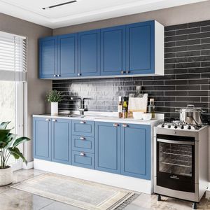 Cozinha Pérola Com Rodapé 4 Peças Aéreos Com 5 Portas, Balcão 2 Gavetas 3 Portas E Balcão 2 Portas Y Branco-azul