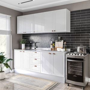 Cozinha Pérola Com Rodapé 4 Peças Aéreos Com 5 Portas, Balcão 2 Gavetas 3 Portas E Balcão 2 Portas Y Branco