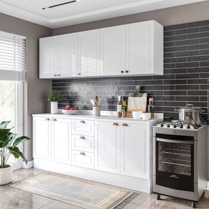 Cozinha Pérola Com Rodapé E Tampo Aéreos Com 5 Portas, Balcão 2 Gavetas 3 Portas E Balcão 2 Portas Y Branco