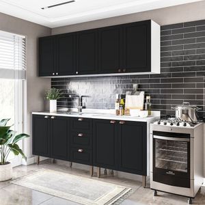 Cozinha Pérola Com Rodapé 4 Peças Aéreos Com 5 Portas, Balcão 2 Gavetas 3 Portas E Balcão 2 Portas Y Branco-preto