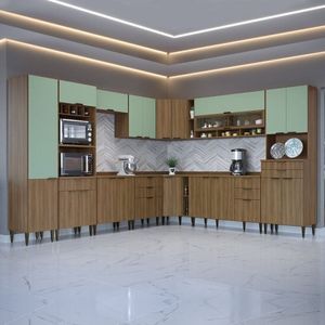 Cozinha Compacta 13 Peças 21 Portas 9 Gavetas Paris Nogal Manchester- Verde Matte