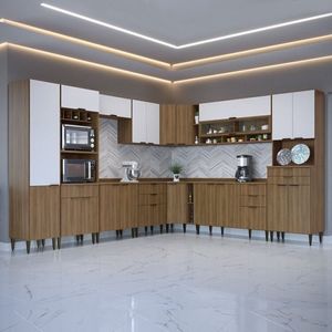 Cozinha Compacta 13 Peças 21 Portas 9 Gavetas Paris Nogal Manchester- Branco Brilhante