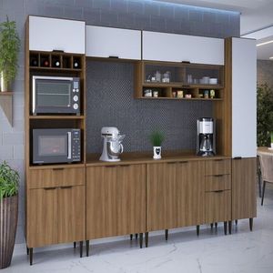 Cozinha Compacta 6 Peças 12 Portas 4 Gavetas Paris Nogal Manchester- Branco Brilhante