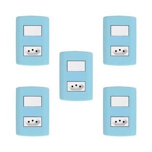 Conjunto De 5 Interruptores De 1 Tecla Simples E Tomada 2p+t 20a , Modular, Com Placa 4x2 E Suporte Azul E Branco