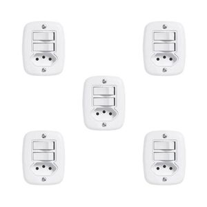Conjunto De 5 Interruptores De 2 Tecla Simples E Tomada 2p+t 20a , Com Placa De Sobrepor Branco