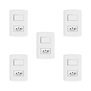 Conjunto De 5 Interruptores De 1 Tecla Simples E Tomada 2p+t 20a , Modular, Com Placa 4x2 E Suporte Branco