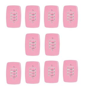 Conjunto De 10 Interruptores De 3 Teclas Simples Com Placa 4x2 Rosa