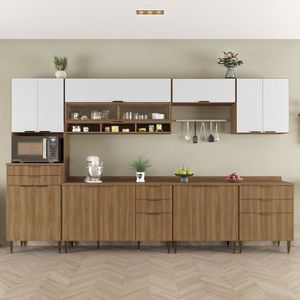 Cozinha Compacta 7 Peças 13 Portas 8 Gavetas Paris Nogal Manchester- Branco Brilhante
