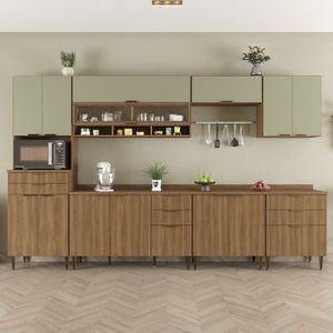 Cozinha Compacta 7 Peças 13 Portas 8 Gavetas Paris Nogal Manchester- Verde Matte