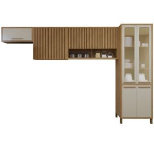 Cozinha Completa Torino Com Paneleiro Vidro Reflecta E 3 Armários Aéreos Cinamomo-off White