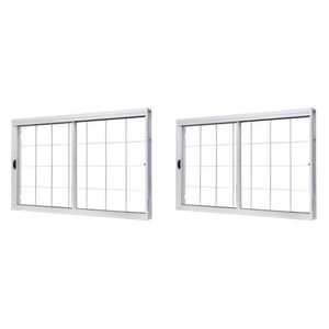 Kit Com 2 Janelas De Aço De Correr Central 100x150cm 2 Folhas Com Grade Quadriculada E Vidro Liso Branco