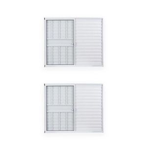 Kit Com 2 Janelas De Alumínio Veneziana 100x150cm 3 Folhas 1 Fixa Com Grade E Vidro Liso Soft Plus Branco