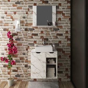 Conjunto De Banheiro Com Gabinete Suspenso 60cm E Espelheira Com Prateleira Mármore/branco