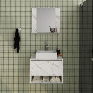 Conjunto De Banheiro Com Gabinete Porta Basculante 60cm E Espelheira 1 Prateleira Mármore/branco