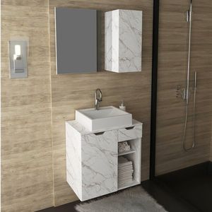 Conjunto De Banheiro Com Gabinete Suspenso 60cm E Espelheira 80cm Mármore/branco