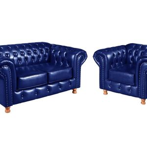 Conjunto Sofá 2 Lugares E Poltrona Luis Xv Chesterfield Vintage Azul