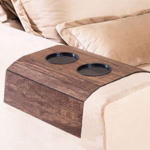 Bandeja Esteira Para Braço De Sofá Mdf Com Porta Copos Ipê