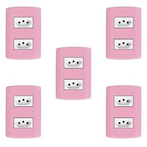 Cinco Conjuntos Com 2 Tomadas 2p+t 20a 250v, Modular, Com Placa 4x2 E Suporte Rosa E Branco
