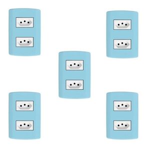 Cinco Conjuntos Com 2 Tomadas 2p+t 20a 250v, Modular, Com Placa 4x2 E Suporte Azul E Branco