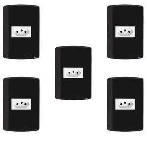 Conjunto Com 5 Tomadas 2p+t 10a 250v, Modular, Com Placa 4x2 E Suporte Preto