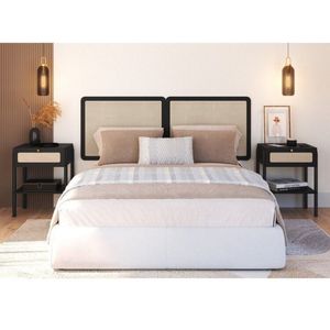 Conjunto Cabeceira Casal 160cm E 2 Mesas De Cabeceira 1 Gaveta Pé Madeira Palhinha Oslo Nero Nero/preto