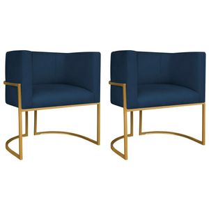 Kit 02 Poltronas Decorativas Luna Base De Ferro Dourado Suede Azul Marinho