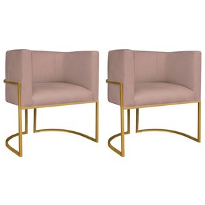 Kit 02 Poltronas Decorativas Luna Base De Ferro Dourado Linho Rosê