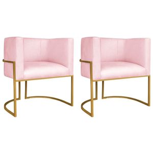Kit 02 Poltronas Decorativas Luna Base De Ferro Dourado Suede Rosa Bebê