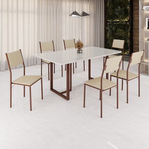 Conjunto Sala De Jantar Mesa 160x90cm Base Lunna Tampo Mdf Laca Com Vidro Florença Creme - Marrom