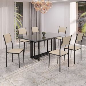Conjunto Sala De Jantar Mesa 160x90cm Base Pérola Tampo Mdf Laca Com Vidro Florença Creme - Preto