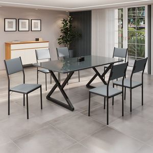 Conjunto Sala De Jantar Mesa 160x90cm Base Império Tampo Mdf Laca Com Vidro Florença Grafite Preto