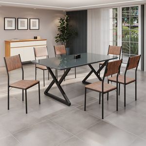 Conjunto Sala De Jantar Mesa 160x90cm Base Império Tampo Mdf Laca Com Vidro Florença Marrom Preto