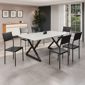 Conjunto Sala De Jantar Mesa 160x90cm Base Império Tampo Mdf Laca Com Vidro Florença Preto