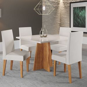 Mesa De Jantar Quadrada Decora Com Vidro 90x90 Com 4 Cadeiras Venus Em Mdp-mdf Mel- Off White- Marfim