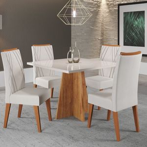 Mesa De Jantar Quadrada Columbia Tampo Em Mdp Sem Vidro 90x90 E 4 Cadeiras Vegas Em Madeira Maciça Mel-blonde-marfim